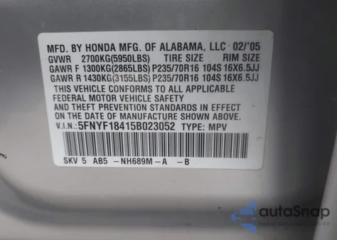 2005 Honda Pilot Ex from USA, damaged, VIN 5FNYF18415B023052